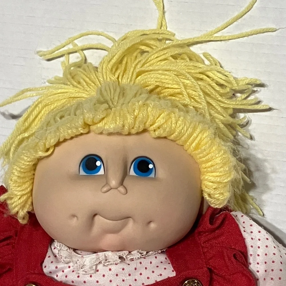 Vintage Homemade Doll with Yellow‎ Yarn Hair Red Overalls Fabric Body 19”